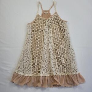 Ryu Beige Crochet Ruffle Dress Women Small Fairy Coquette Boho Lace Mini